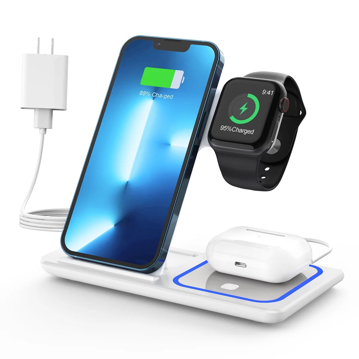 Wireless Charger, 3 in 1 Wireless Charging Station Dock with Breathing Indicator, Fast Charging Stand Compatible with Iphone 17/16/15/14/13/12/11 Pro Max/Xs, Iwatch 10/9/8/7/6/5/4, Airpods 4/3/2/Pro