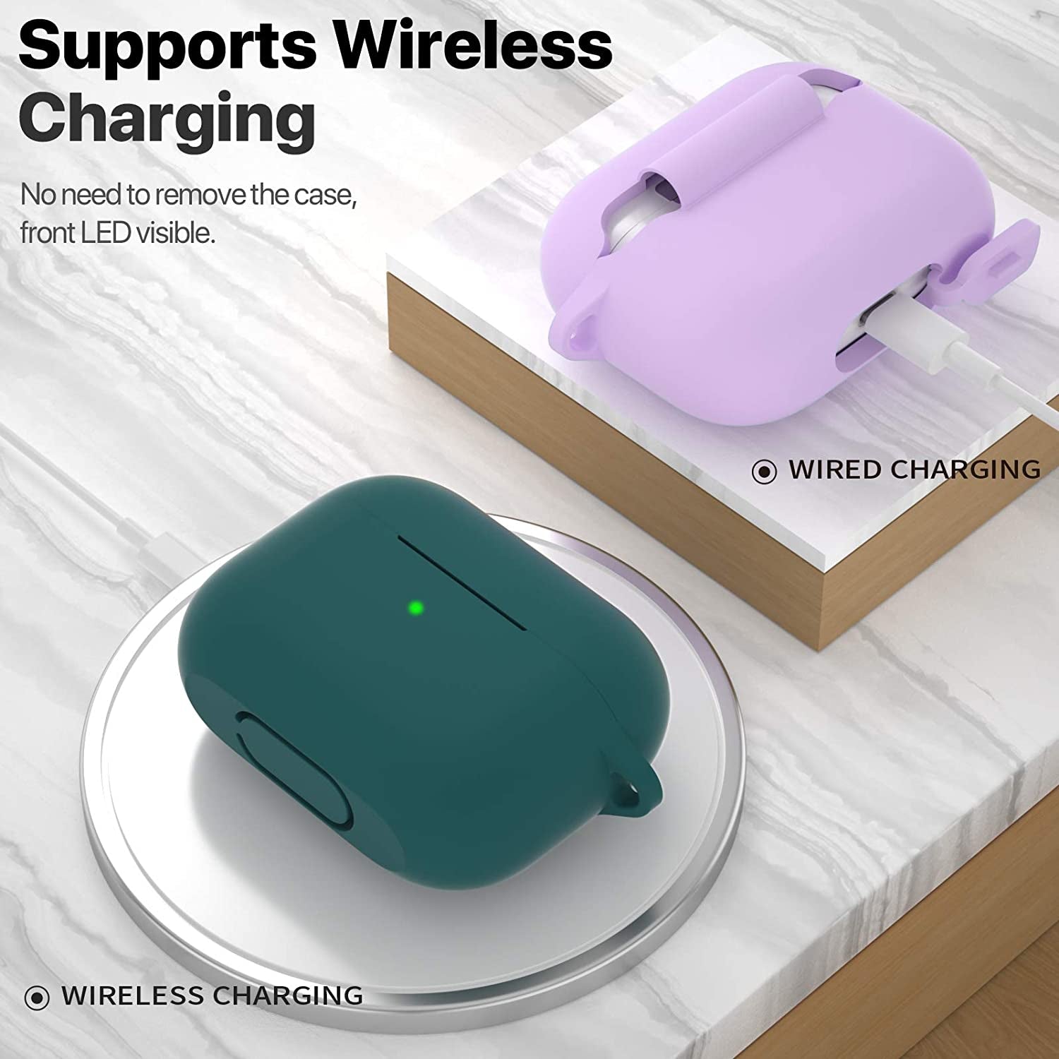 For Airpods Pro 1St/2Nd Generation Case Cover, Protective Silicone Skin Accessories with Keychain for Women Men for Apple Airpods Pro 2019/2022 Charging Case,Front LED Visible-Midnight Green