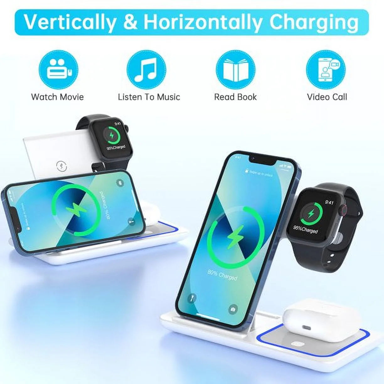 Wireless Charger, 3 in 1 Wireless Charging Station Dock with Breathing Indicator, Fast Charging Stand Compatible with Iphone 17/16/15/14/13/12/11 Pro Max/Xs, Iwatch 10/9/8/7/6/5/4, Airpods 4/3/2/Pro